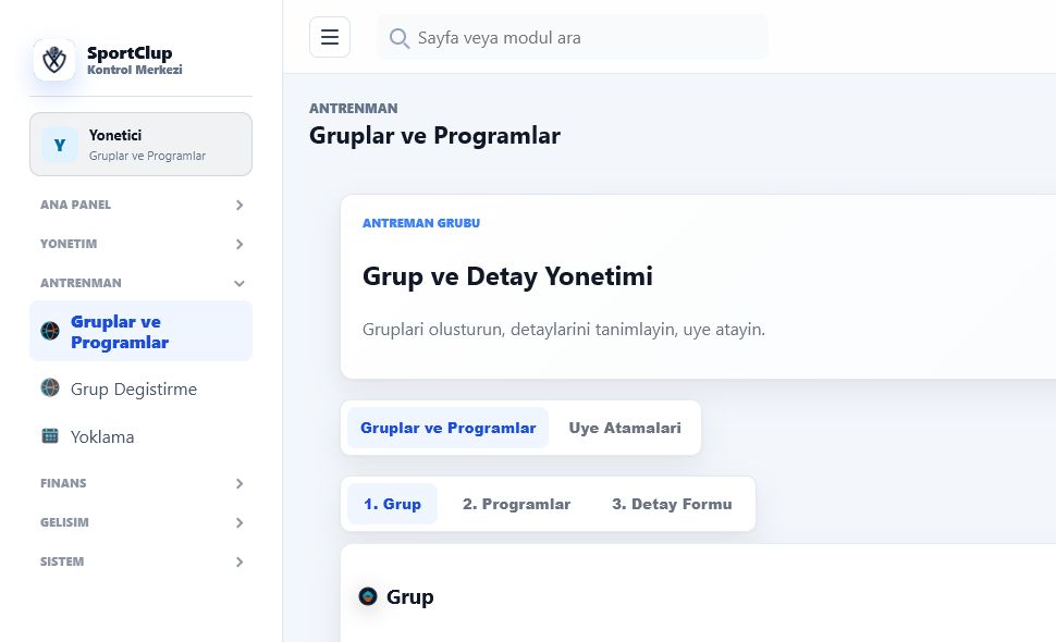 Spor Okulları yönetim panelinde antrenman programı örnek görünümü