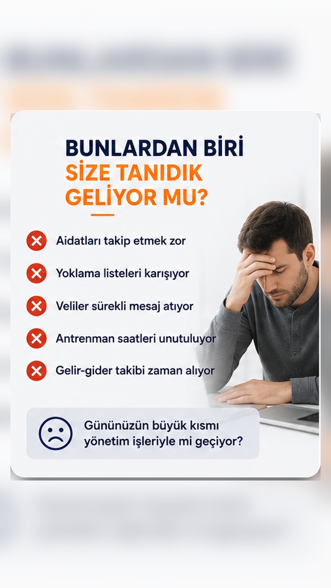 Aidat, yoklama, veli iletişimi ve antrenman planındaki günlük zorlukları anlatan görsel.